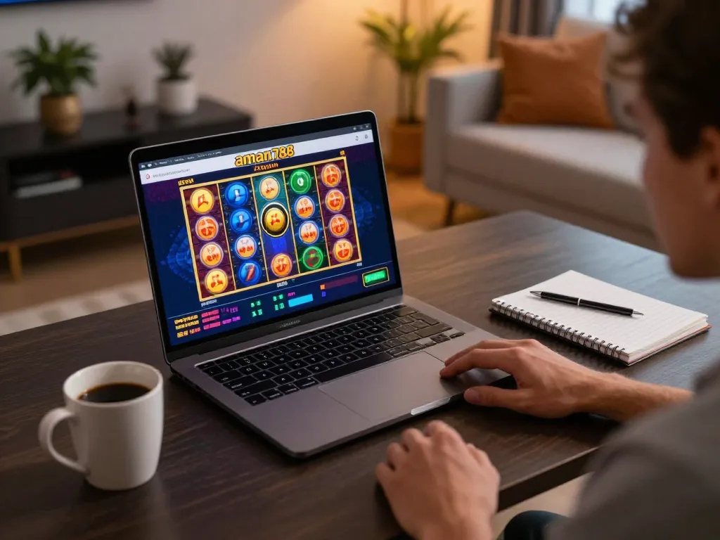 Pemain menikmati permainan slot aman788 di pengaturan game rumah modern dengan layar yang cerah