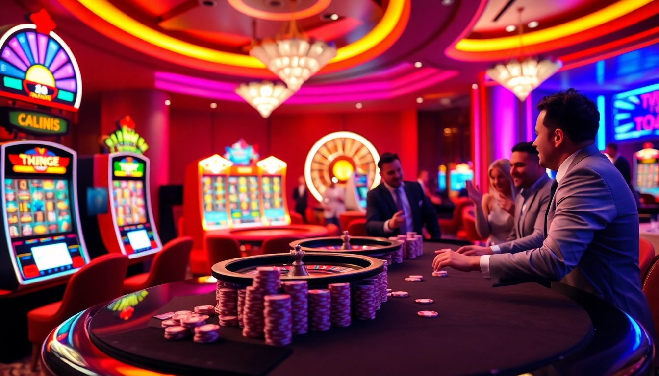 Nohudoithuong players experiencing excitement at a luxurious casino with vibrant slot machines and poker games.