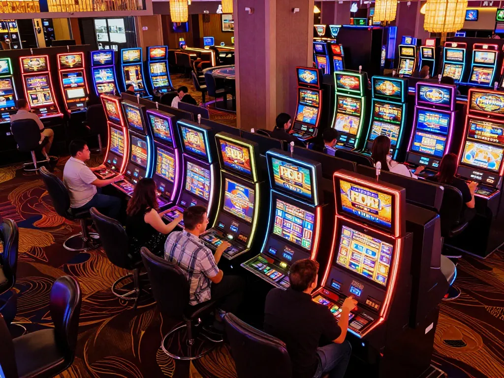 Players enjoying slots in a lively casino atmosphere with colorful machines and engaging gameplay.