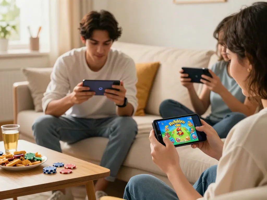 Engaged user playing Rumble Rummy on smartphone with friends, colorful game icons around.