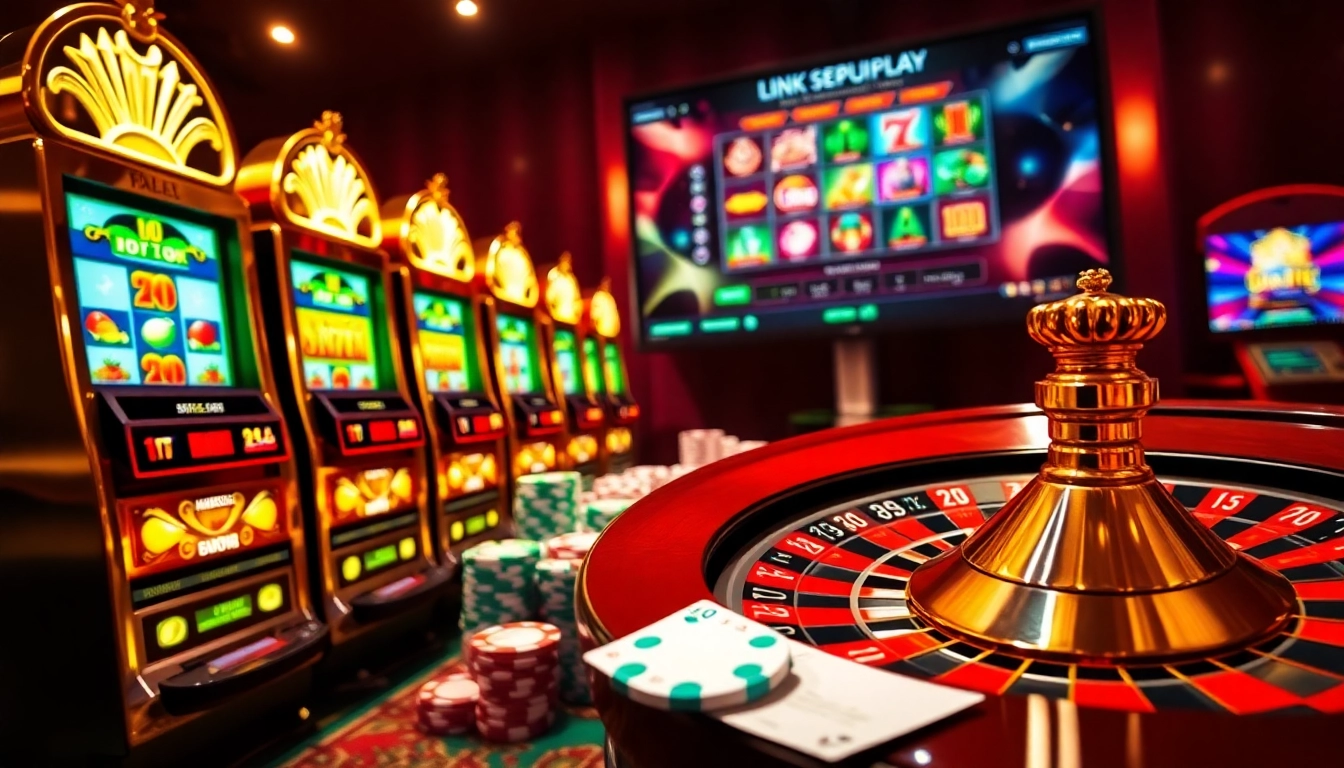 Experience the thrill of link sepuhplay with stunning visuals of slot machines and poker chips.