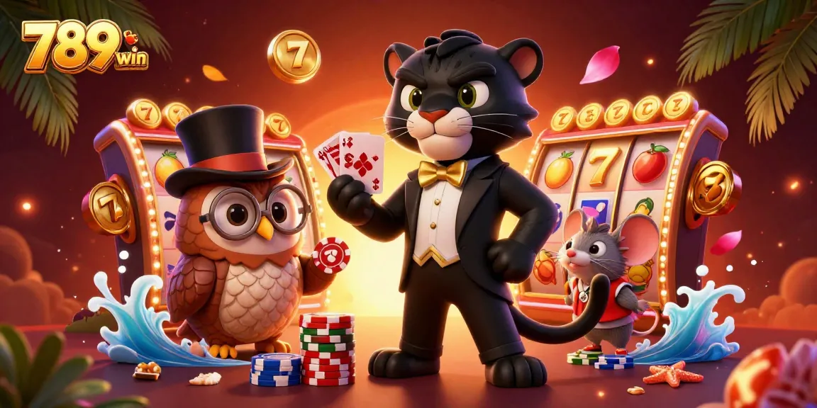 Engage with the exciting 789win casino experience featuring a stylish panther dealing cards, accompanied by an owl and a lucky mouse.