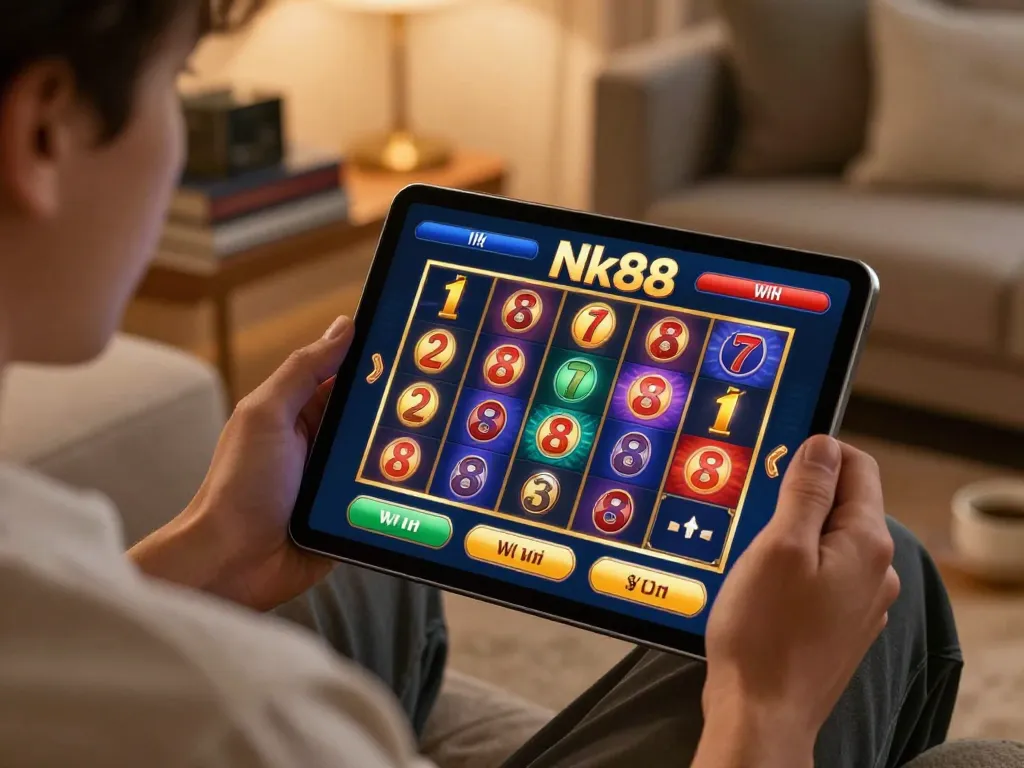 Engage in Nk88 win with dynamic gameplay on a tablet, showcasing responsible gambling.