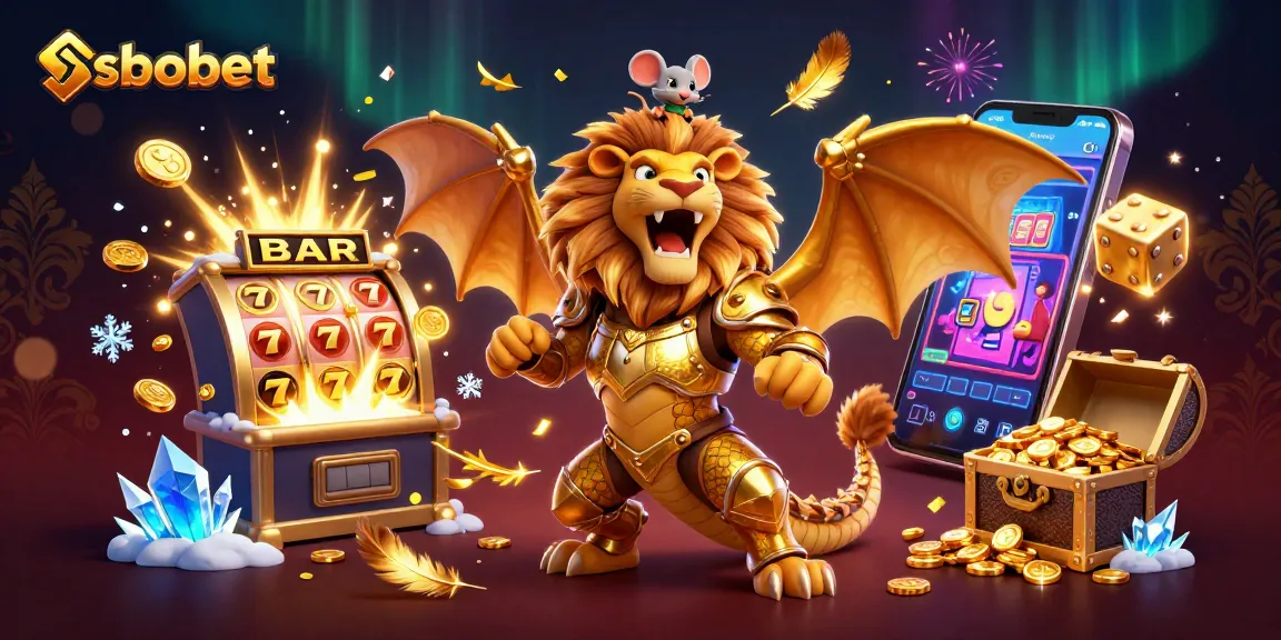 Bet on sbobet with a thrilling 3D illustration showcasing a golden chimera and vibrant casino elements.