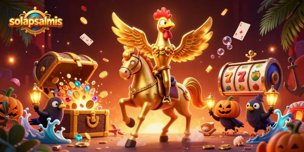 Join the casino fun with solapsalmis as a golden rooster brings luck amidst slot excitement.