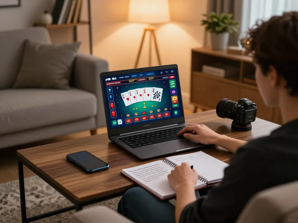 Person engaged in online gaming session at https://www.dacsandatphanrang.com/ using tablet for casino betting strategy with poker game interface visible.