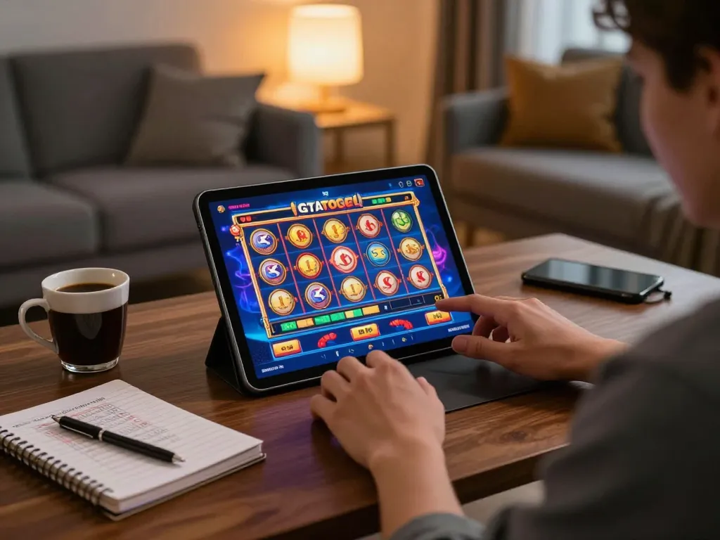 Player engaging with GTAtogel slot games on a tablet, showcasing a cozy gaming atmosphere.