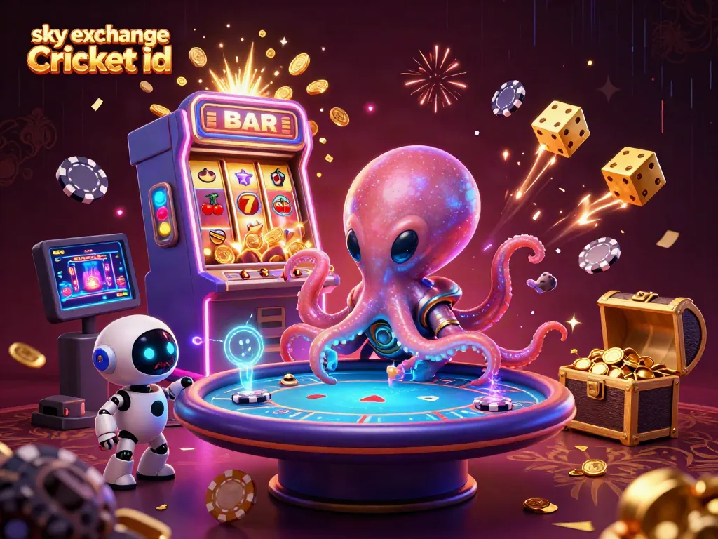 Place your bets and win big with sky exchange Cricket id, as the alien octopus operates a holographic poker table amidst vibrant casino elements.