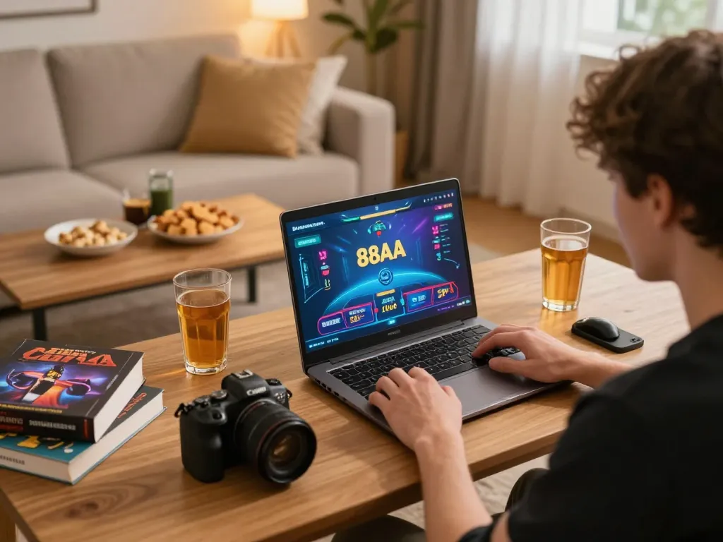 Person plays live dealer games on 88AA laptop with warm lighting and snacks nearby