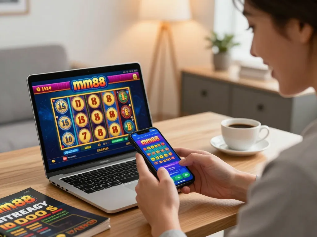 Engaging gameplay on mm88 casino app in a cozy home office setting.