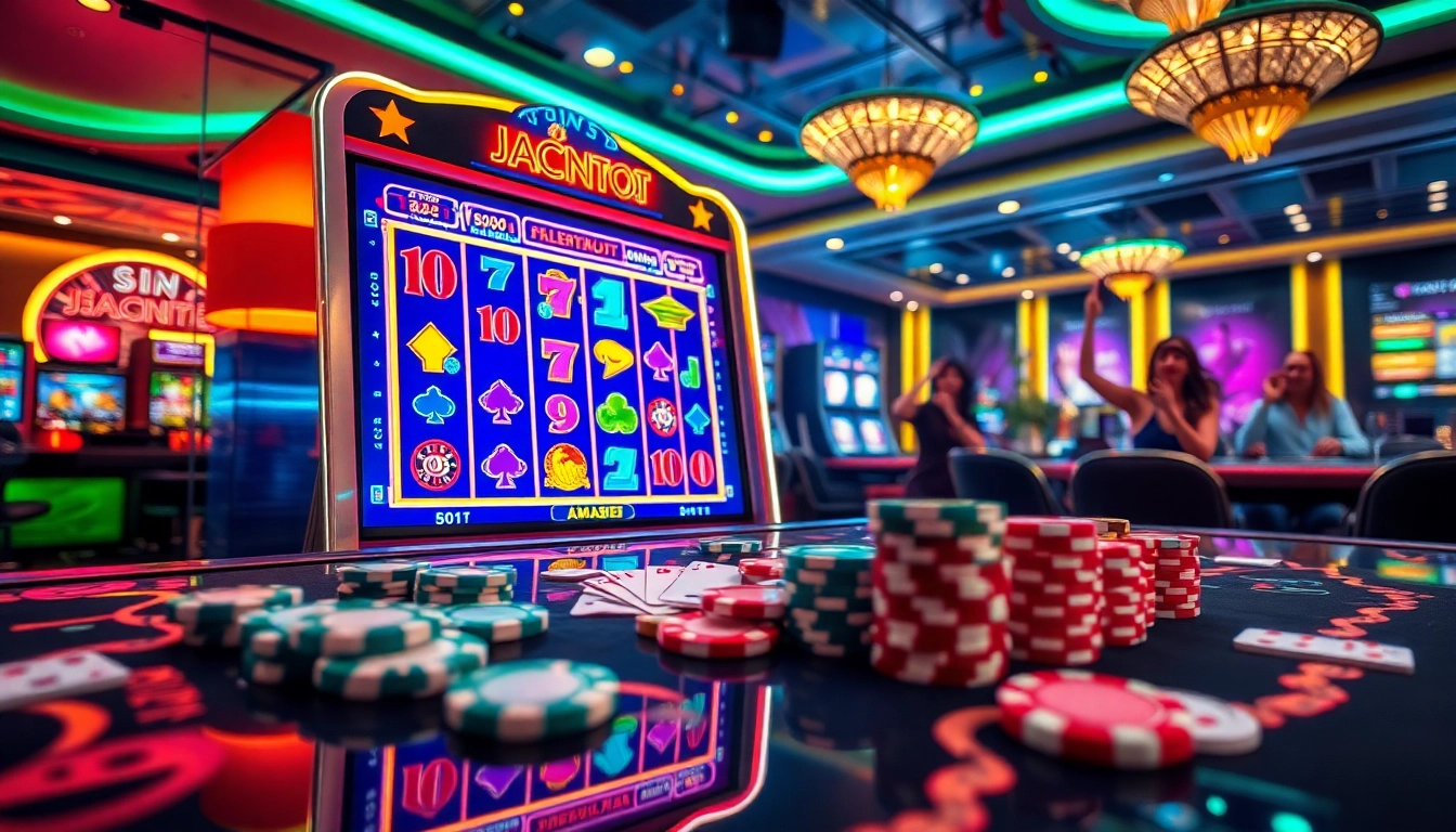 Rasakan kegembiraan bermain slot aman788 dengan visual cerah dari chip poker dan pemain yang merayakan kemenangan.