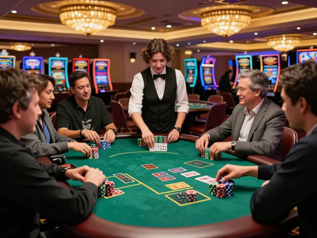 Pemain terlibat dalam permainan blackjack yang mendebarkan di kasino Las Vegas, menampilkan kegembiraan websitedevuk dan taruhan strategis.