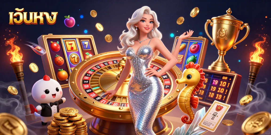 Experience the excitement of เว็บตรง, showcasing a stunning scene with a glamorous woman and playful elements in a casino atmosphere.