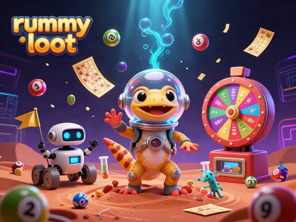 Experience rummy loot with an energized Martian gecko discovering a golden casino on Mars.