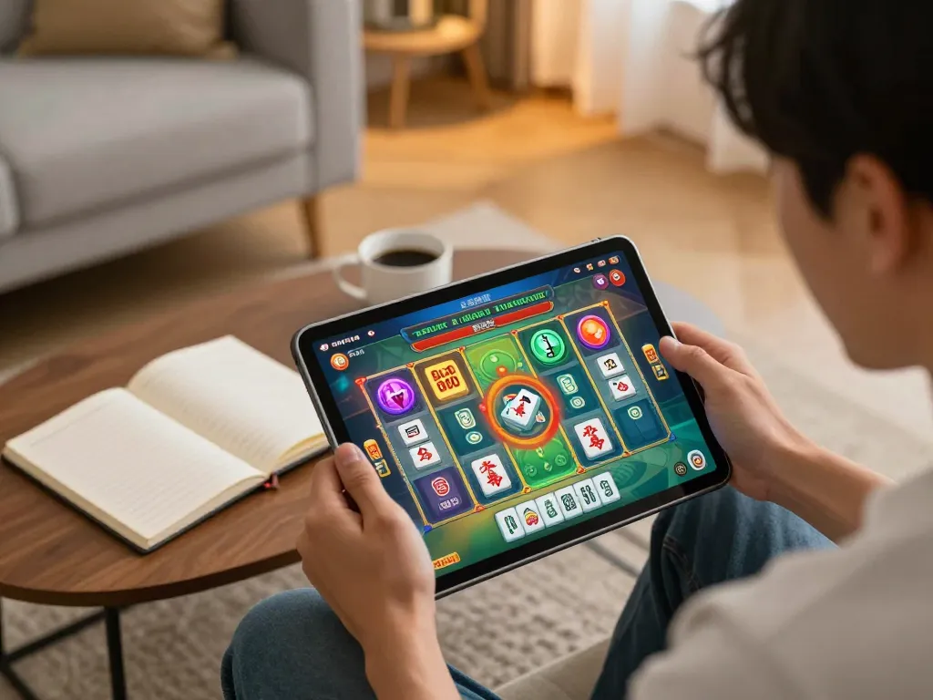 Engaging scene of a player enjoying slot mahjong on a tablet, showcasing vibrant game graphics and strategy notes.