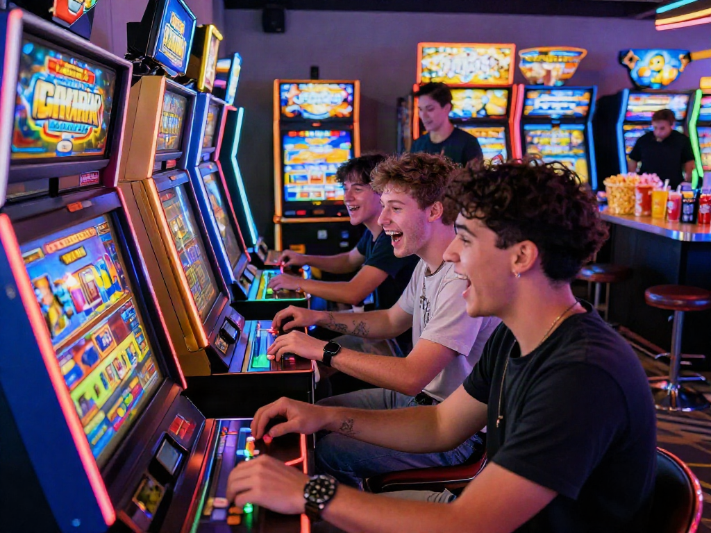 Friends enjoying a gaming arcade experience with colorful slot machines and vibrant atmosphere.