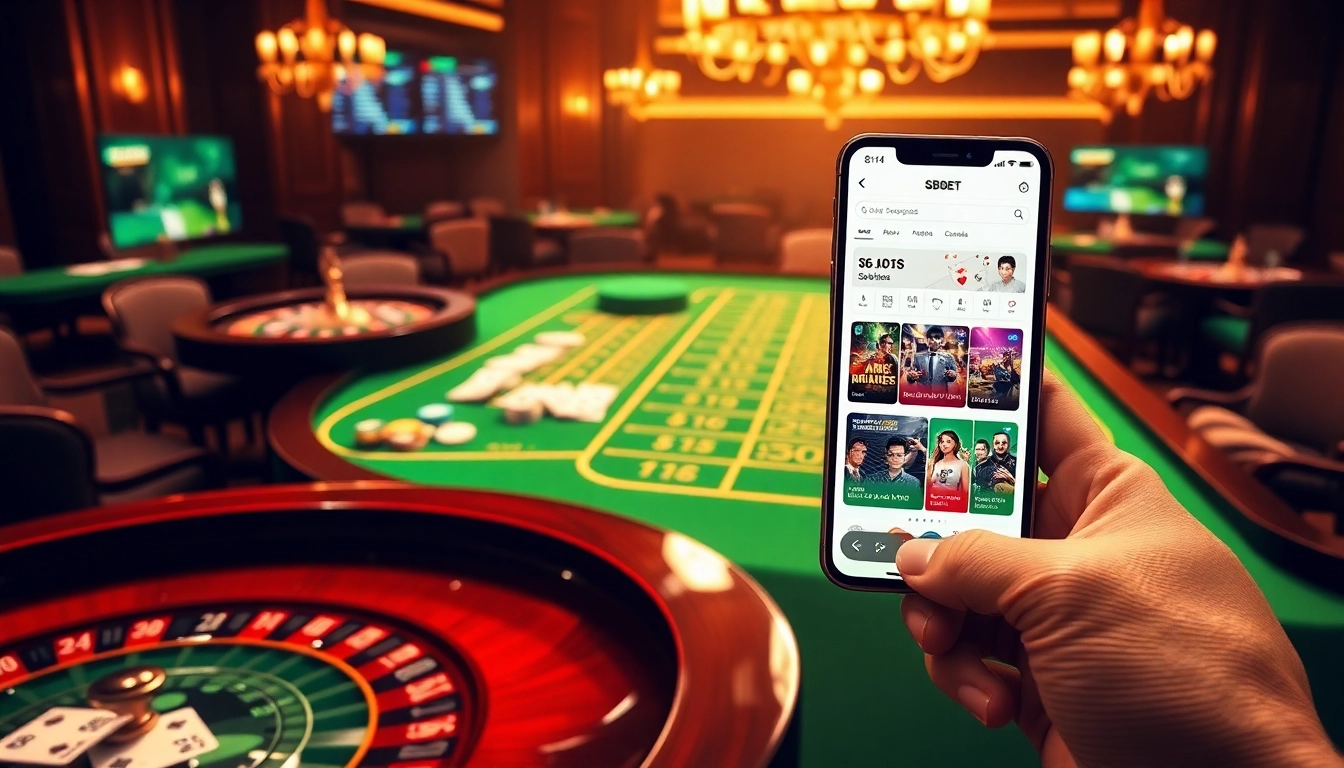 Experience LINK SBOBET through a glamorous online gambling setup featuring casino tables, cards, and betting chips.