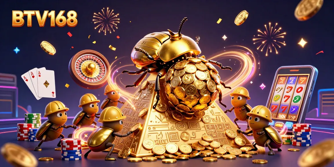 BTV168 offers thrilling casino excitement with golden beetles rolling coins in a vibrant 3D scene.