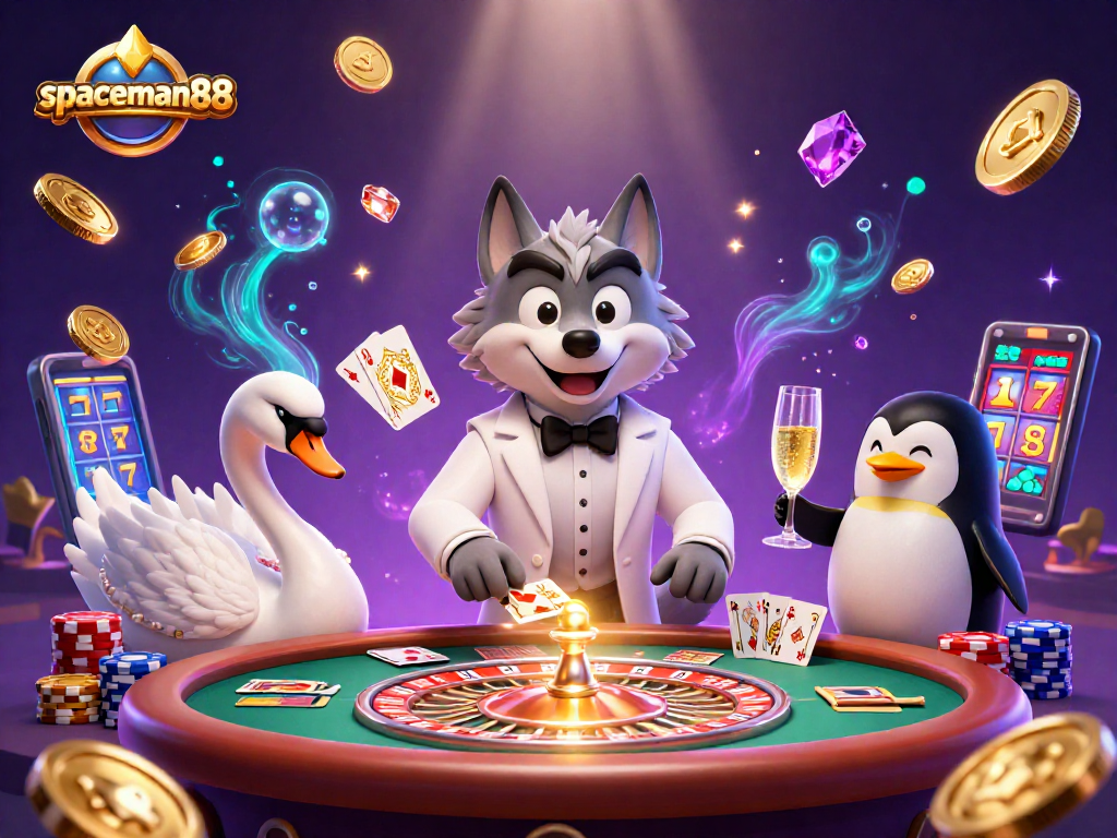 Spin to win with spaceman88 featuring a debonair wolf and elegant characters in a vibrant casino scene.