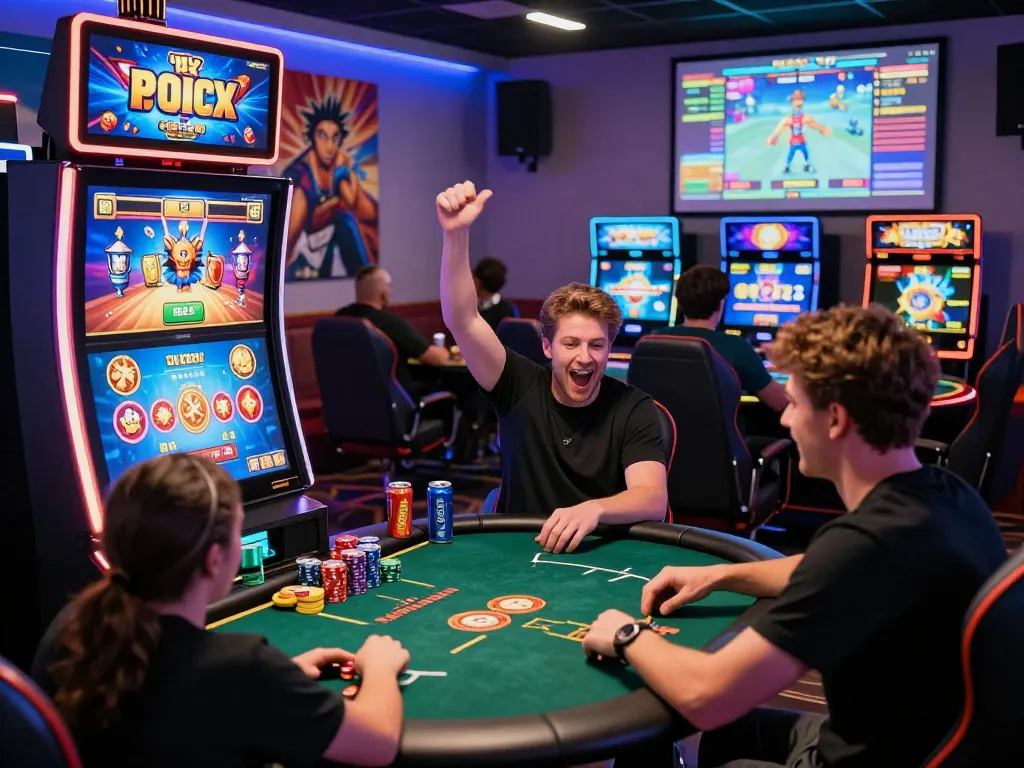 Excited players enjoying sunwin9 cocom gaming experience in vibrant gaming room.