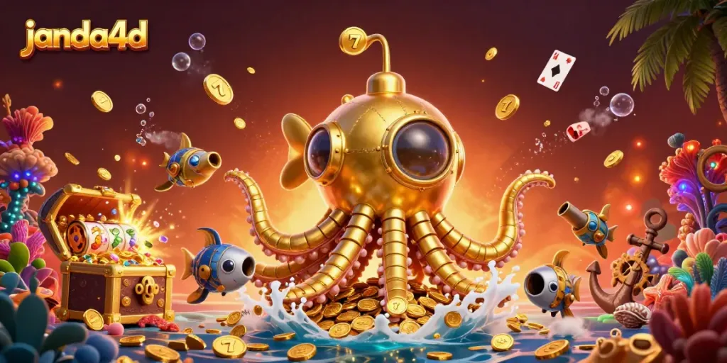 Menghadirkan janda4d sebagai platform kasino modern dengan simbol slot dan harta karun bawah laut.