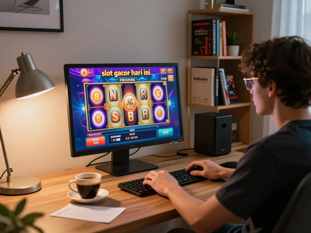 Playing online slot gacor hari ini with engaging graphics in a stylish home office setting.