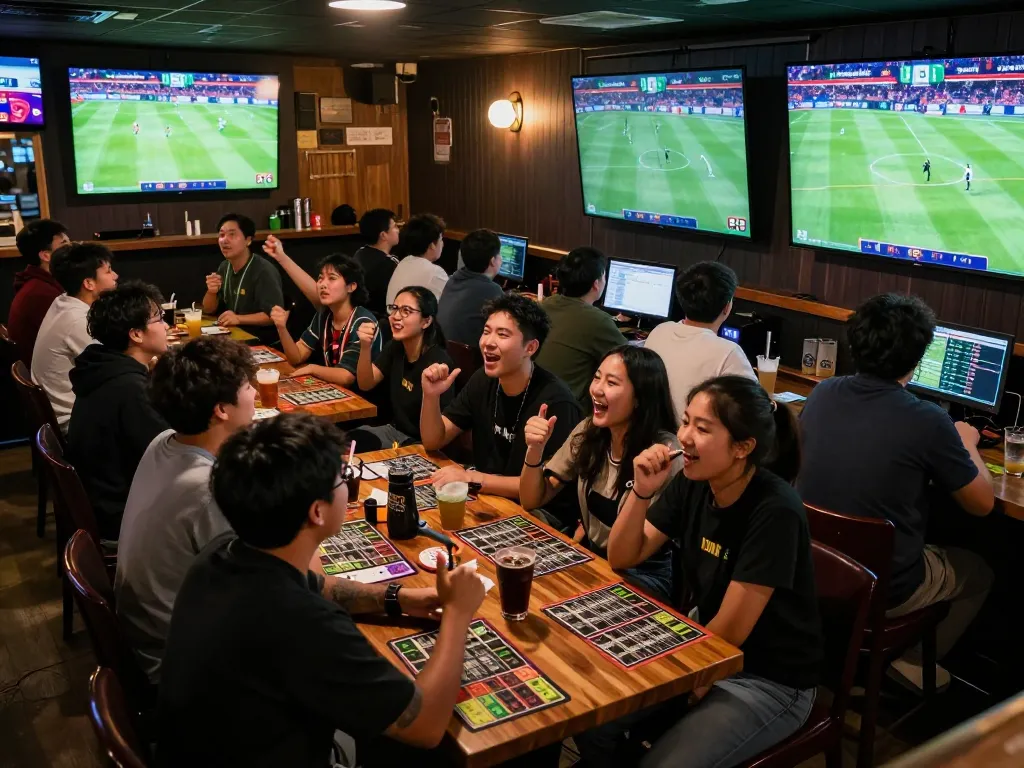 Engaged sports fans analyzing kèo nhà cái 5 during live soccer matches in a vibrant sports bar.