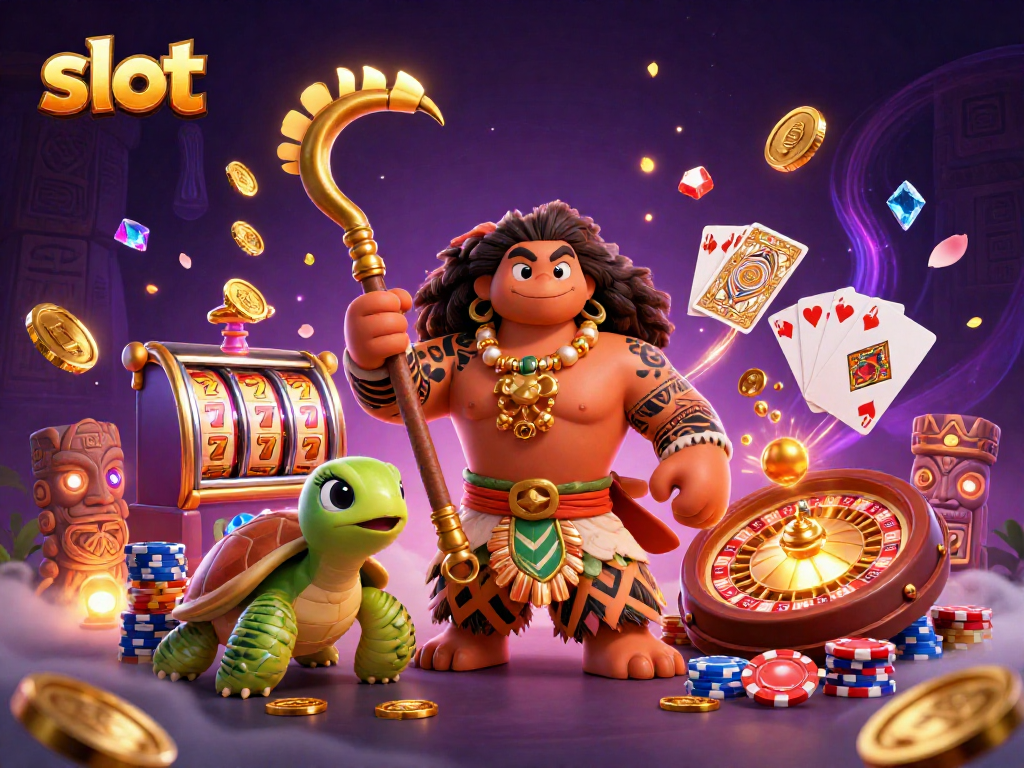 Engage with vibrant slot-themed action in a dynamic 3D casino scene featuring characters and symbols.
