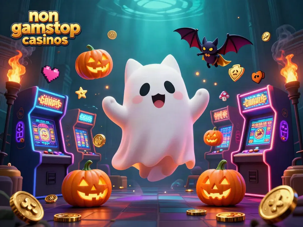 Engage with non gamstop casinos featuring a ghost cat in a vibrant haunted casino scene.