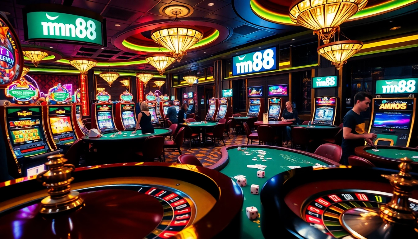 Experience high-stakes excitement at link mm88, featuring a luxurious casino scene with engaging games.
