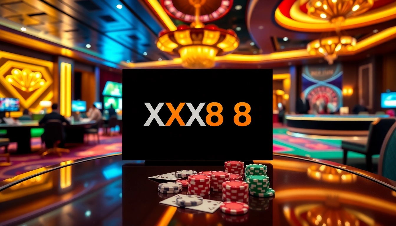 A luxurious casino scene featuring XX88 logo, Baccarat and Rồng Hổ tables, vibrant mood.
