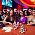 Engage in thrilling online gaming with HBBET, featuring vibrant casino tables and action-packed scenes.