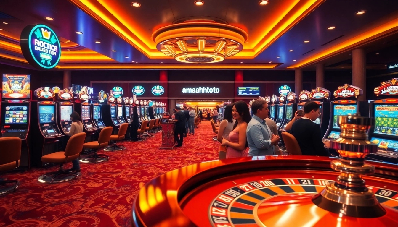 Experience the excitement of gambling at amanahtoto with this vibrant casino scene showcasing slot machines and roulette.