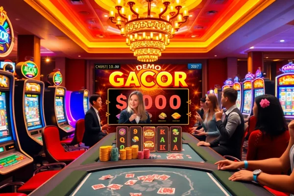 Dynamic gaming scene featuring demo gacor with players celebrating big wins at a luxurious casino.
