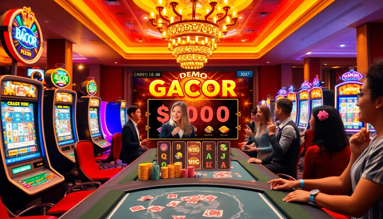 Dynamic gaming scene featuring demo gacor with players celebrating big wins at a luxurious casino.