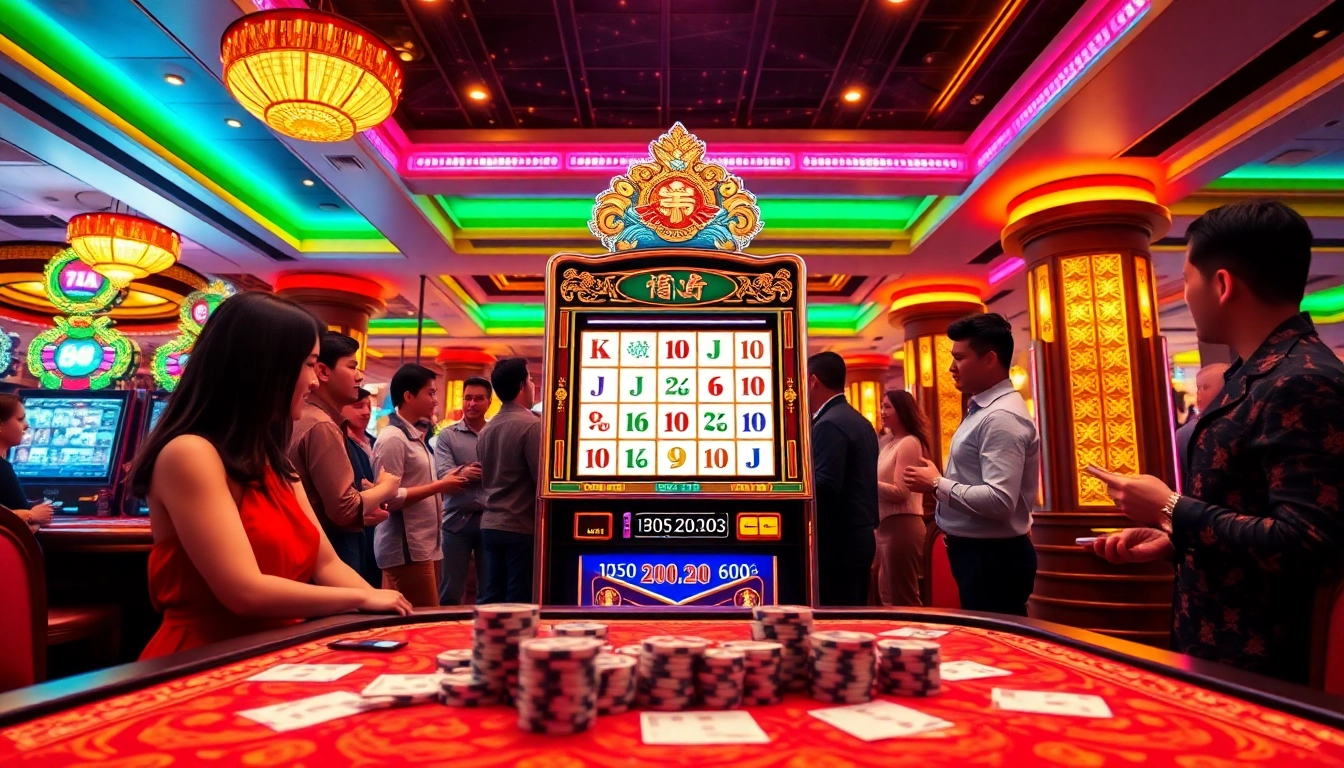 Players enjoying the mahjong slot machine in a vibrant casino atmosphere, showcasing excitement and winning potential.