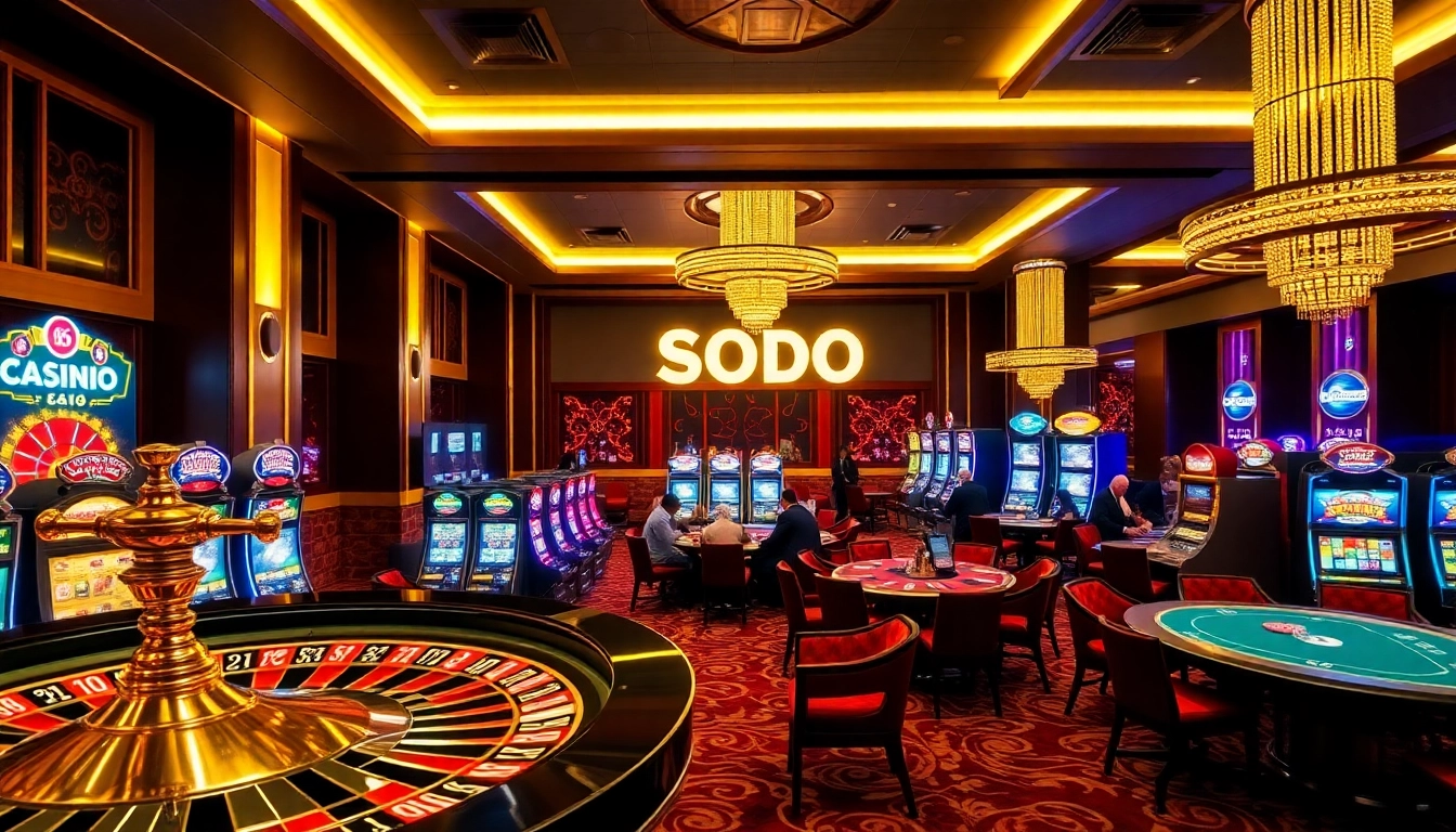 SODO CASINO 66 features an exciting casino scene with vibrant slot machines and players at poker tables.