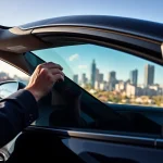 Best window tint Chattanooga TN showcases a professional applying window tint to a sleek vehicle in the Chattanooga skyline.