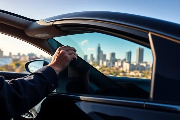 Best window tint Chattanooga TN showcases a professional applying window tint to a sleek vehicle in the Chattanooga skyline.