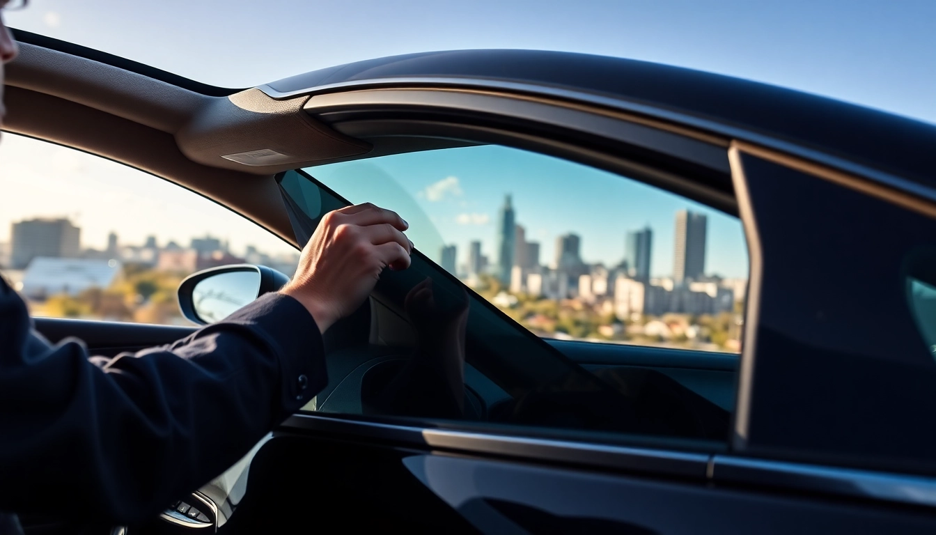 Best window tint Chattanooga TN showcases a professional applying window tint to a sleek vehicle in the Chattanooga skyline.