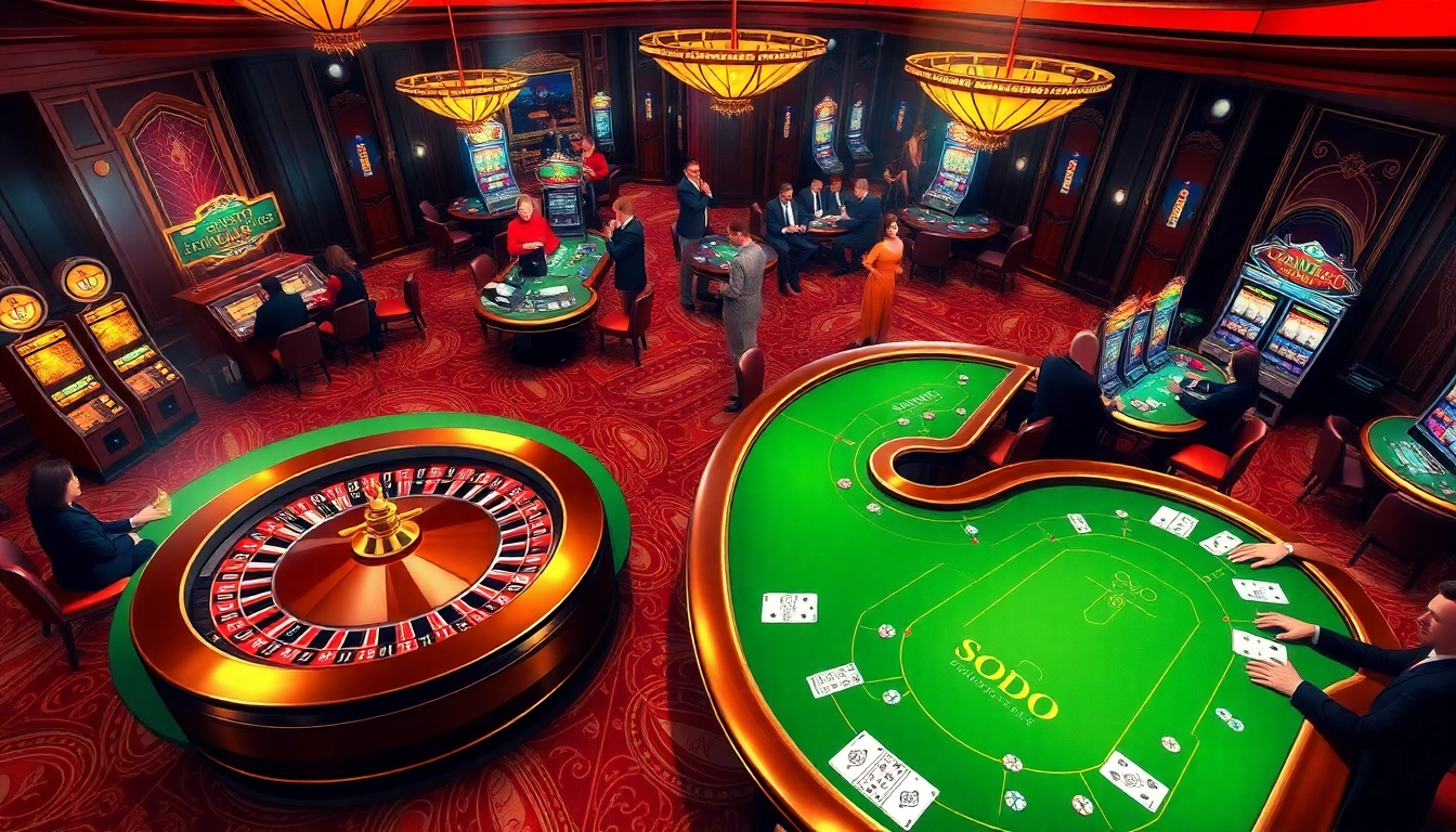SODO casino scene showcasing vibrant tables and lively players enjoying high-stakes poker.