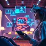 Engaging AI slut character in a futuristic dating environment with interactive digital elements.