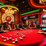 C168.com players celebrating a win at a high-stakes poker table in a vibrant casino scene.