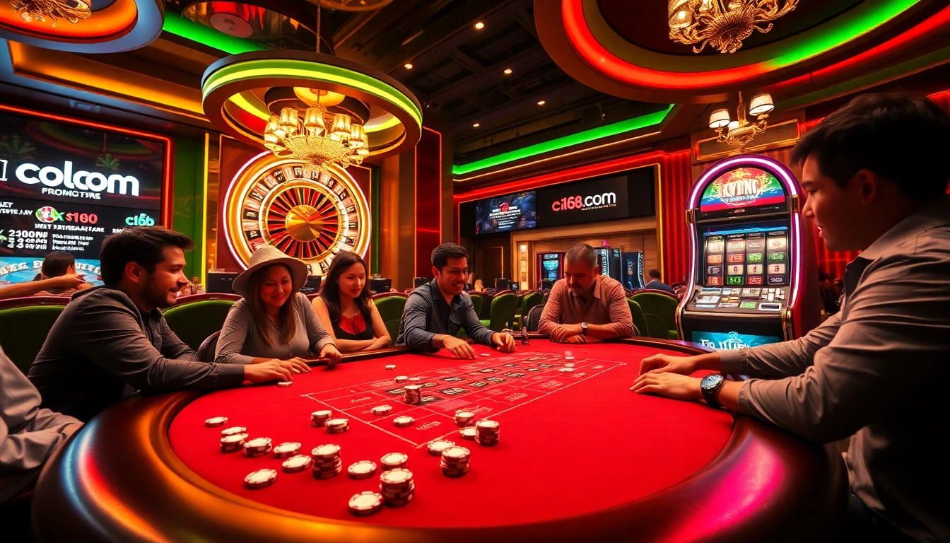 C168.com players celebrating a win at a high-stakes poker table in a vibrant casino scene.