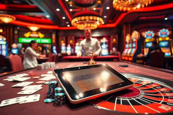 Engaging scene of a luxurious casino showcasing kèo nhà cái 5 betting action with vibrant tables.