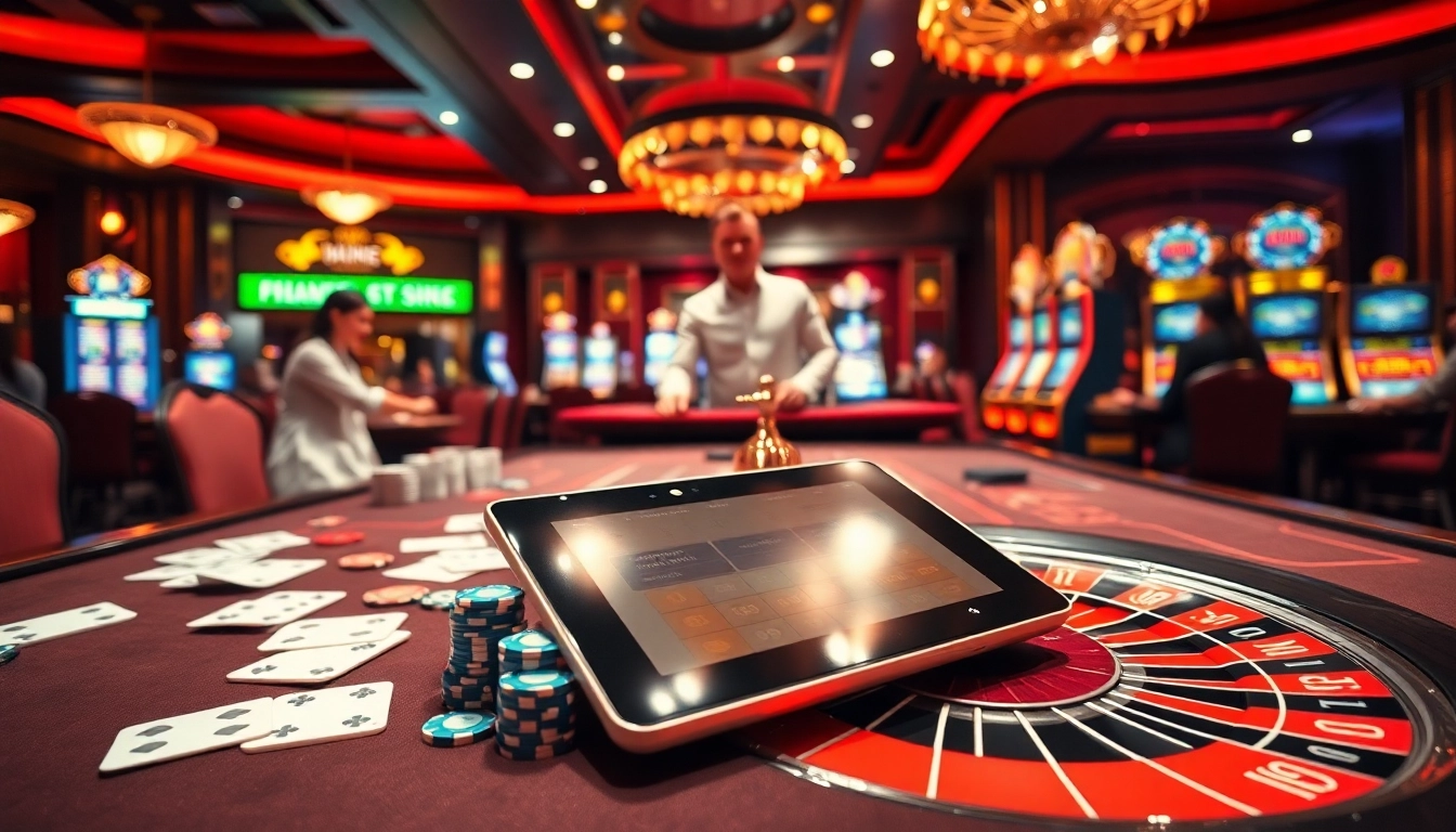 Engaging scene of a luxurious casino showcasing kèo nhà cái 5 betting action with vibrant tables.