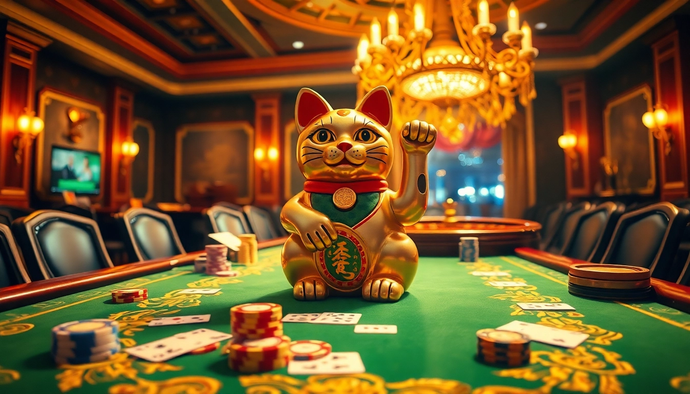 Lucky Neko cat figurine inviting luck at a vibrant casino poker table