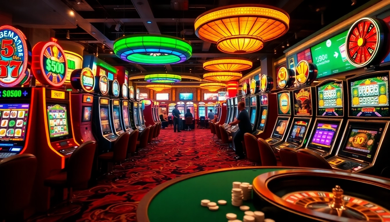 Players spinning colorful slot machines in an exciting casino environment, aiming for jackpots.