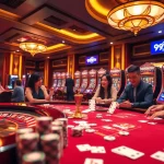 Excitement at the 99WIN casino with vibrant tables, chips, and engaging players.