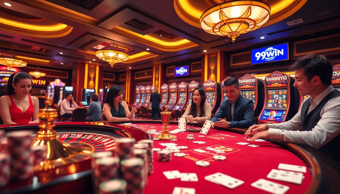 Excitement at the 99WIN casino with vibrant tables, chips, and engaging players.